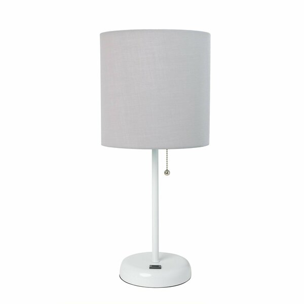 Creekwood Home Oslo 19.5in Contemporary Bedside USB Port Feature Metal Table Lamp, White, Gray Drum Fabric Shade CWT-2011-GO